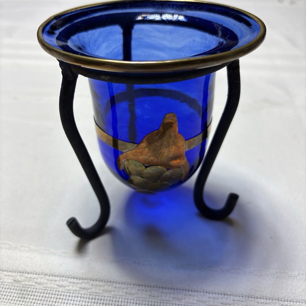COBALT BLUE BLOWN GLASS COPPER BRASS FLOWER WROUGHT IRON VOTIVE CANDLE HOLDER